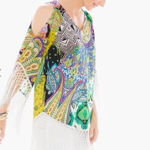 Chicos Colorful Paisley Fringe Top